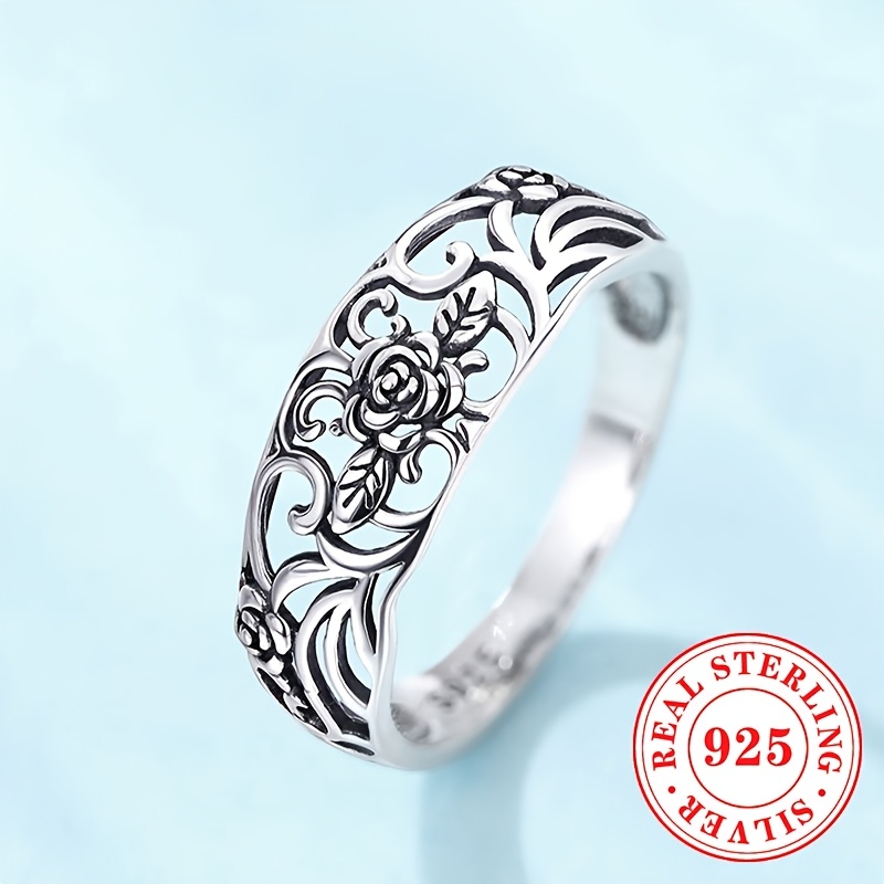 1pc Women's S925 Sterling Silver Vintage Floral Leaf Ring - Elegant With Rose & Leaf , Perfect For Daily Wear Vacation, Vacation Accessory | Floral Motif Ring |, Floral Jewelry