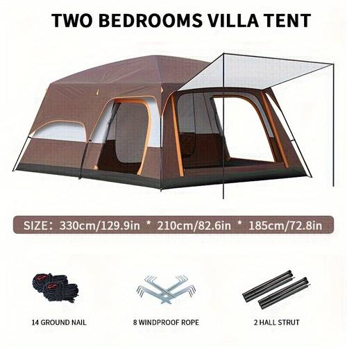 two bedrooms living room tent outdoor folding portable multi person thickened windproof and sunscreen camping coffee color