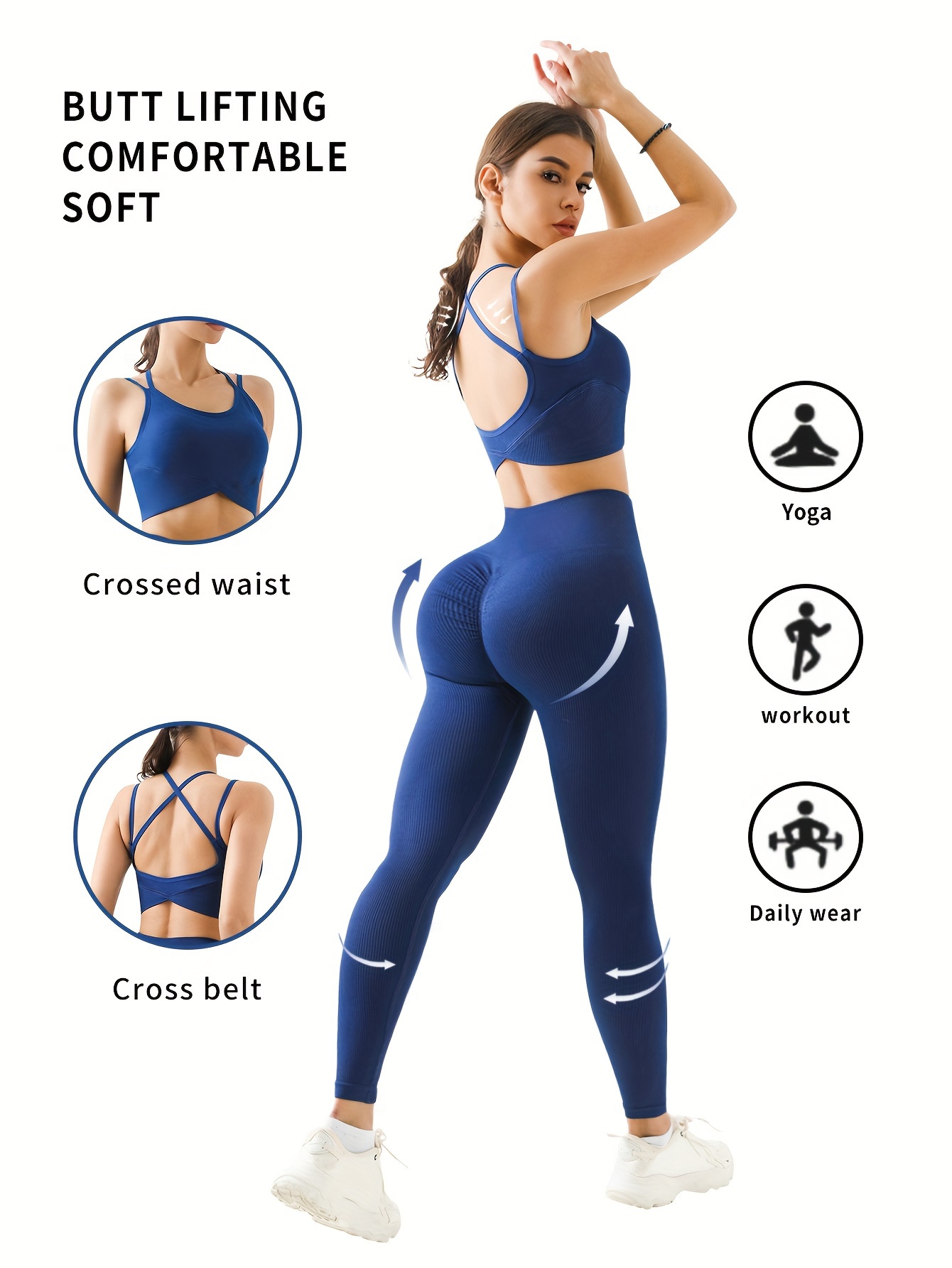 2 Piece Workout Outfits Tummy Control Active Sets Solid Color for Women  Exercise