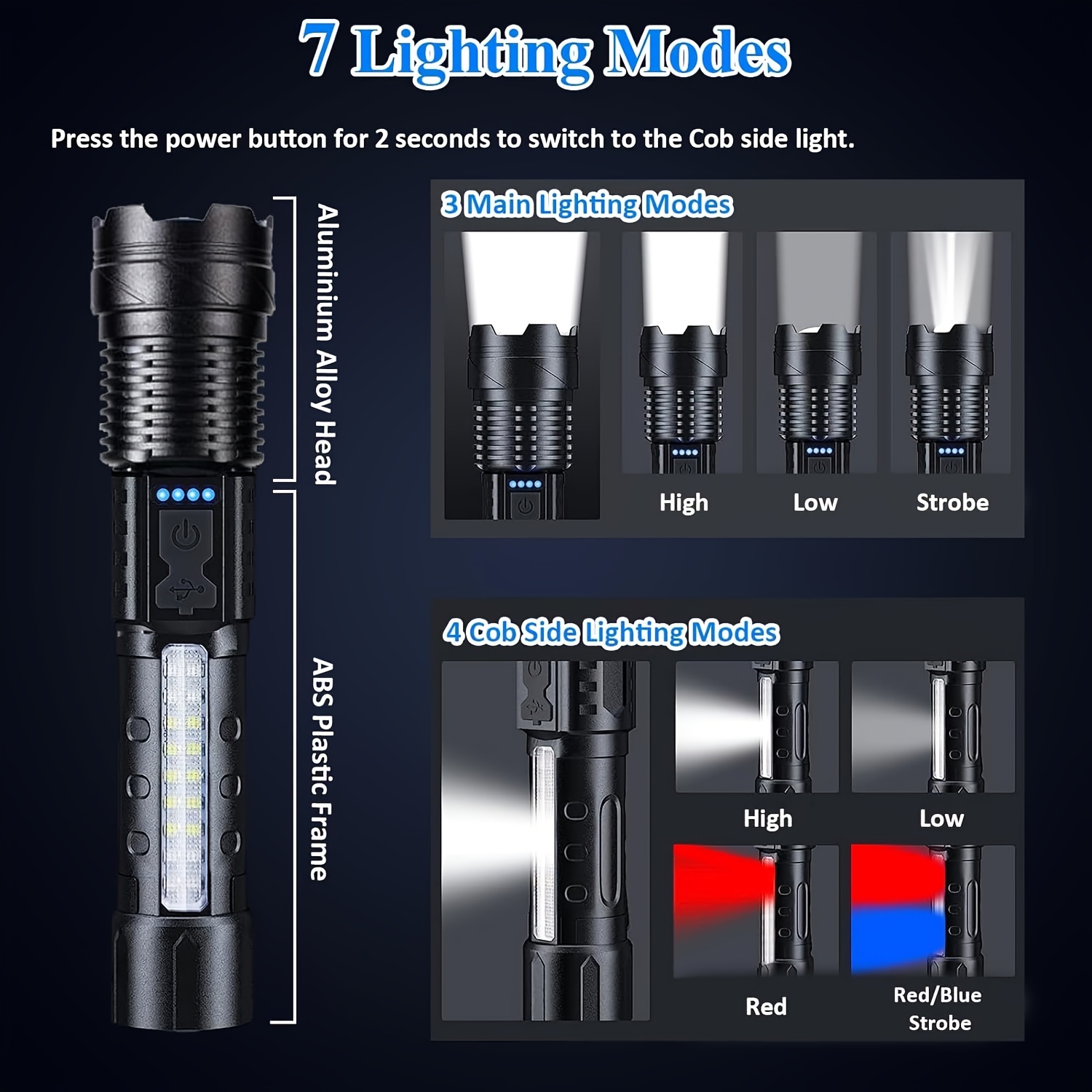flashlights high lumens rechargeable led flashlight battery powered with 7 light modes cob side light usb c waterproof zoomable powerful handheld flash lights details 1