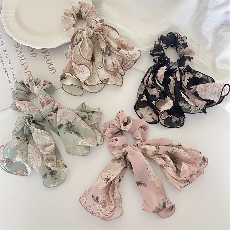 Image of 4pcs Floral Chiffon Hair Ties | Vintage Elegant Elastic Hairbands With Bows, Soft Fabric, Daily Styling Accessories In, , Light Green