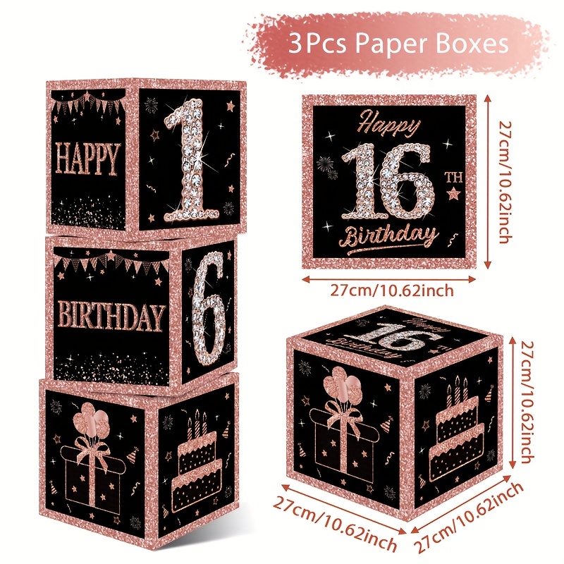 E-shop 3er-Set, 16. Geburtstag Papierbox, Geschenk-Zieh-Flagge Roségoldene Geburtstagsgeschenkboxen, Geburtstagsparty Dekoration, 16. Geburtstagsparty