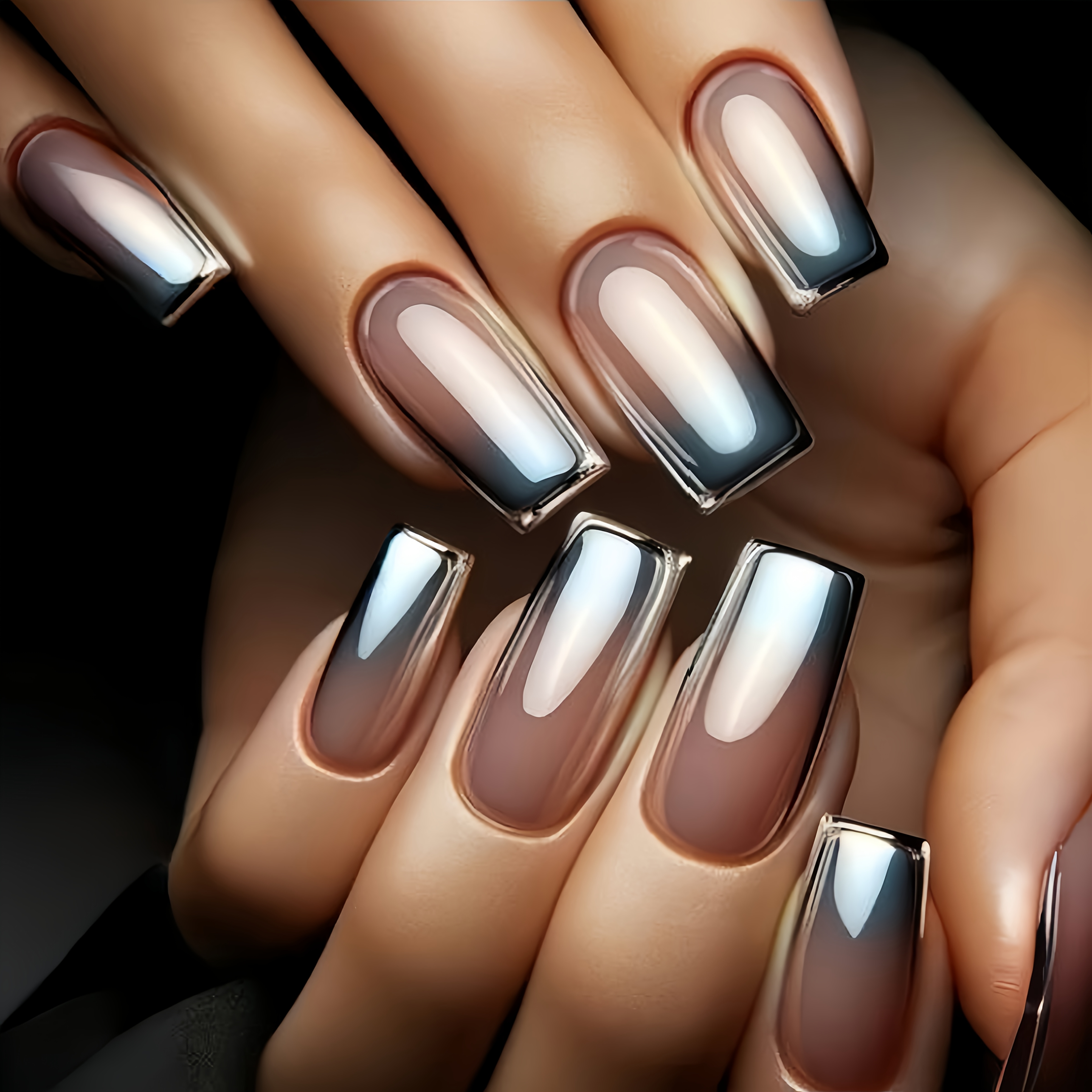 E-shop Medium-Lange Quadratische Nägel, Grau Ombre Nagelaufkleber, Glänzende Kunstnägel, Abnehmbarer 24-teiliger Satz