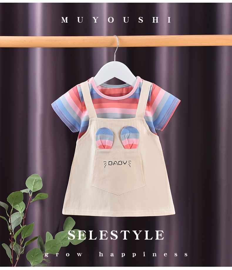 A New Baby Girl'S Summer Dress, Featuring Striped Short Sleeves And a Faux Two-Piece Design, Made of Pure Cotton, Perfect for Little Ones.