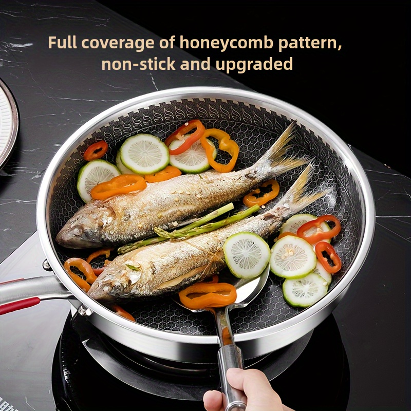 1pc   steel frying pan with honeycomb pattern scratch resistant non stick   heat   smoke compatible with all stovetops   lid hand wash only details 7