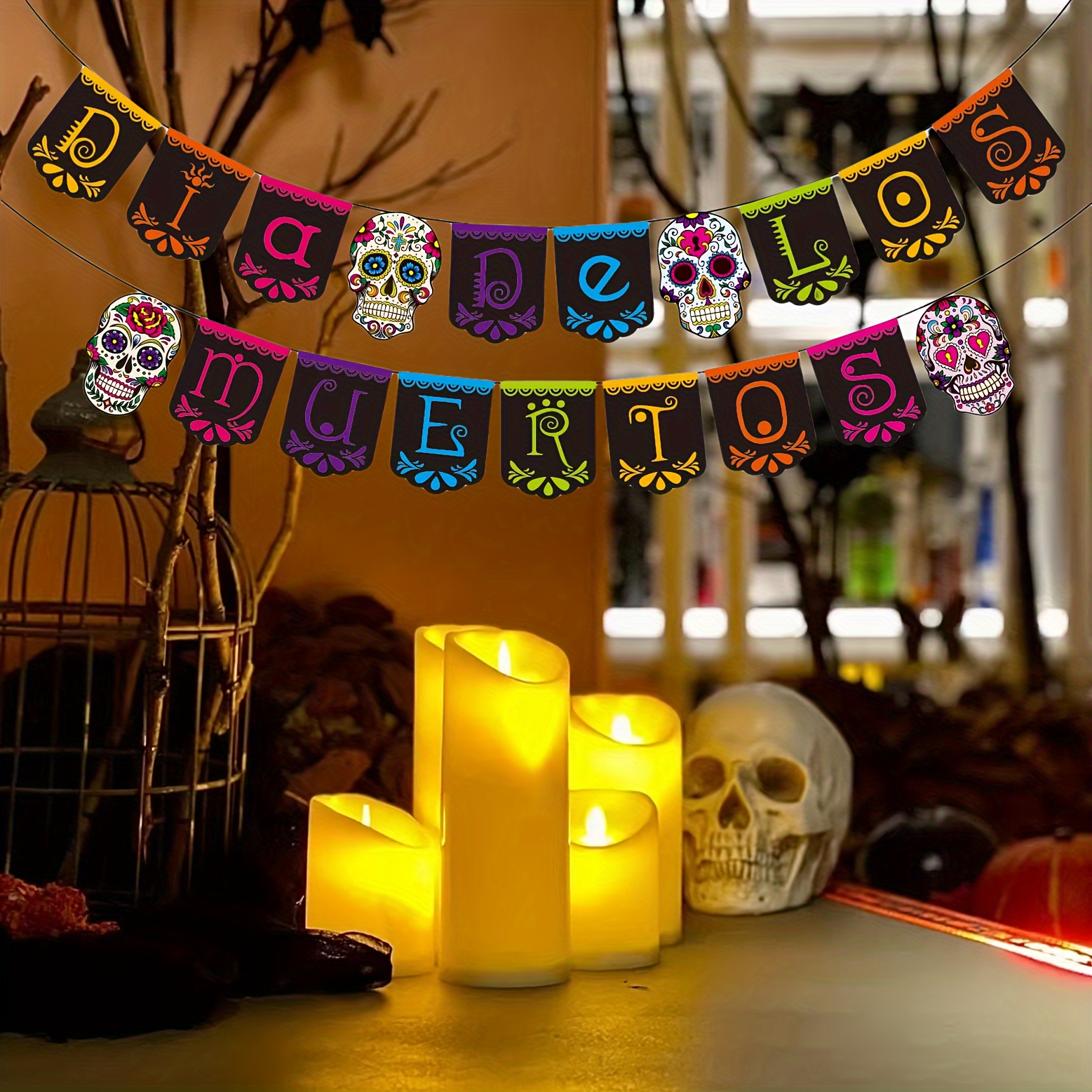 

Bannière du Jour des Morts, Guirlande en du Dia de los Muertos, Décoration de Salle de Fête d', Décor de Crâne Suspendu , Colorée