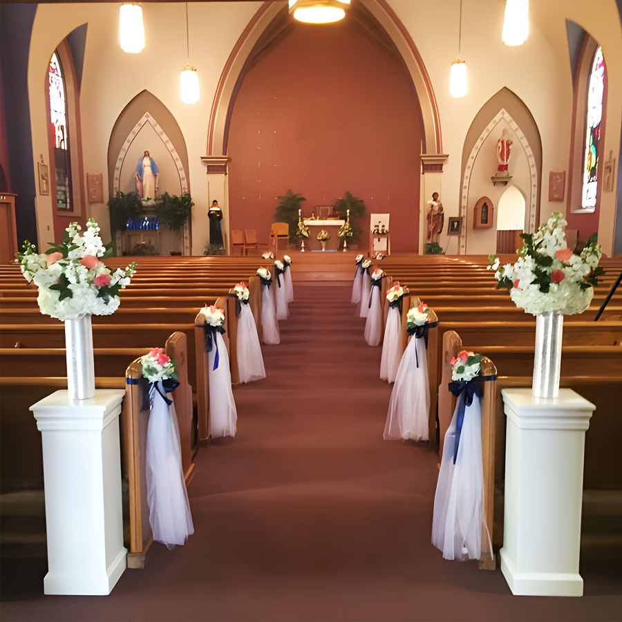Image of Interior Church White Chairs Tied With 6pcs Of Yarn, The Size Is 63.8x38.6 Inches, Used For Indoor Party And Wedding Chair Decoration.