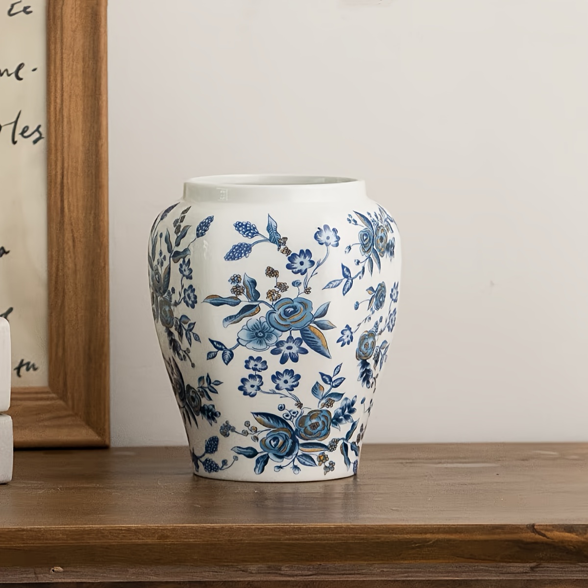 TEMU 1pc Chinese Ceramic Vase - Vintage Chinese Style Suitable For Decor, Elegant Round Vase For Flower Arrangements, Centerpiece For Table, Desk, Or