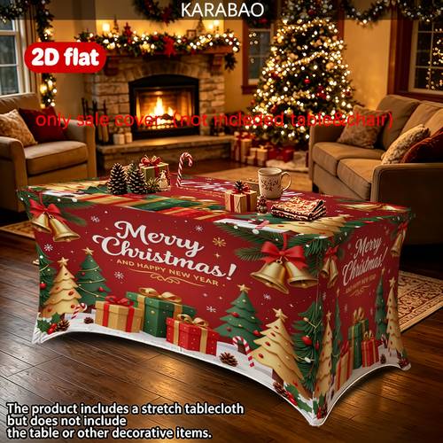 item picture 1pc christmas themed fiber fabric stretch rectangular tablecloth red green golden color scheme decorated with bells pine trees and gift box patterns four sided elastic for a high anti slip and washable