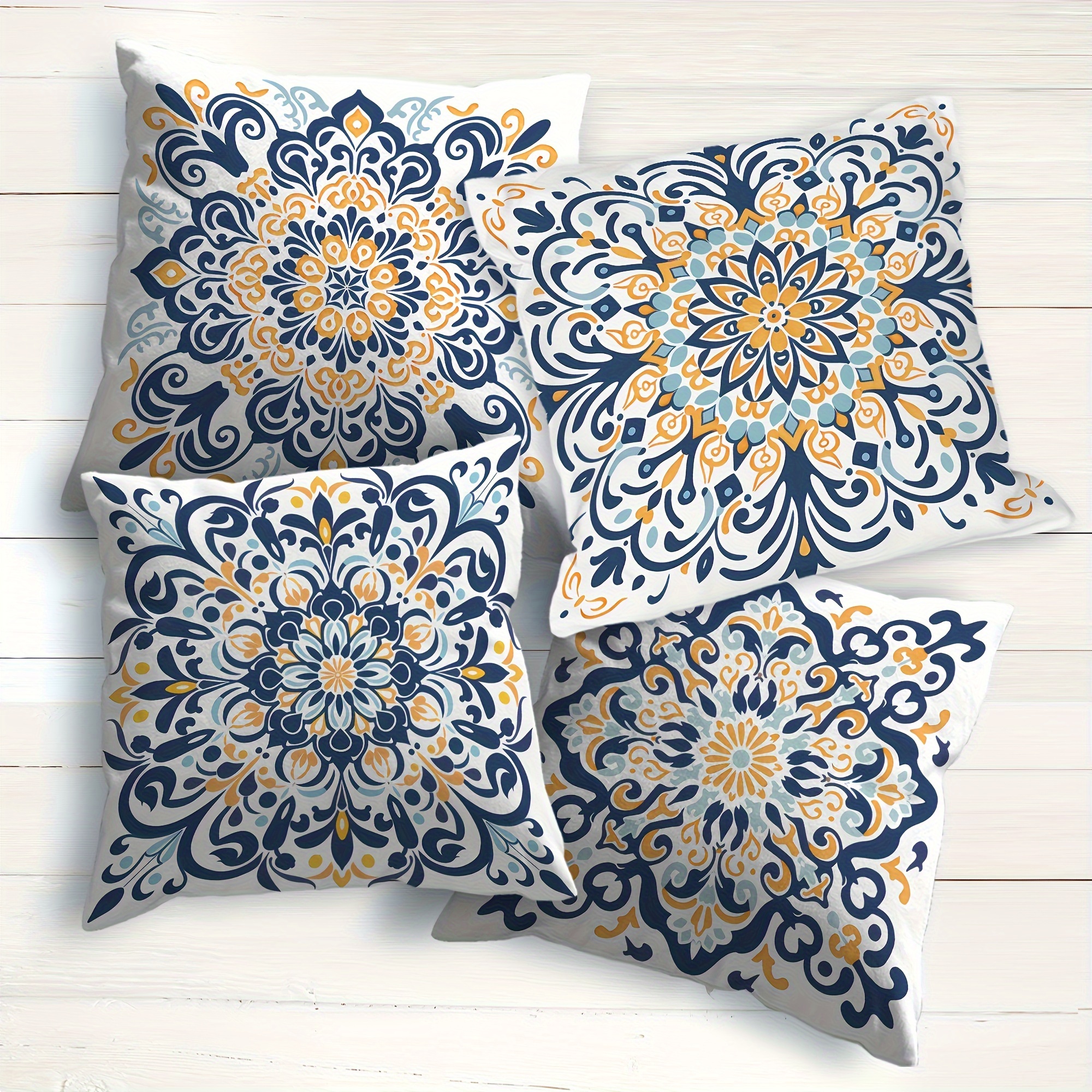 

4-piece Set Boho Persian Floral Throw Pillow Covers, 18x18in, Waterproof Outdoor Cushion Cases In Navy, Yellow & White - Perfect For Patio, Garden, Deck, Office & Living Room Decor (no Insert)