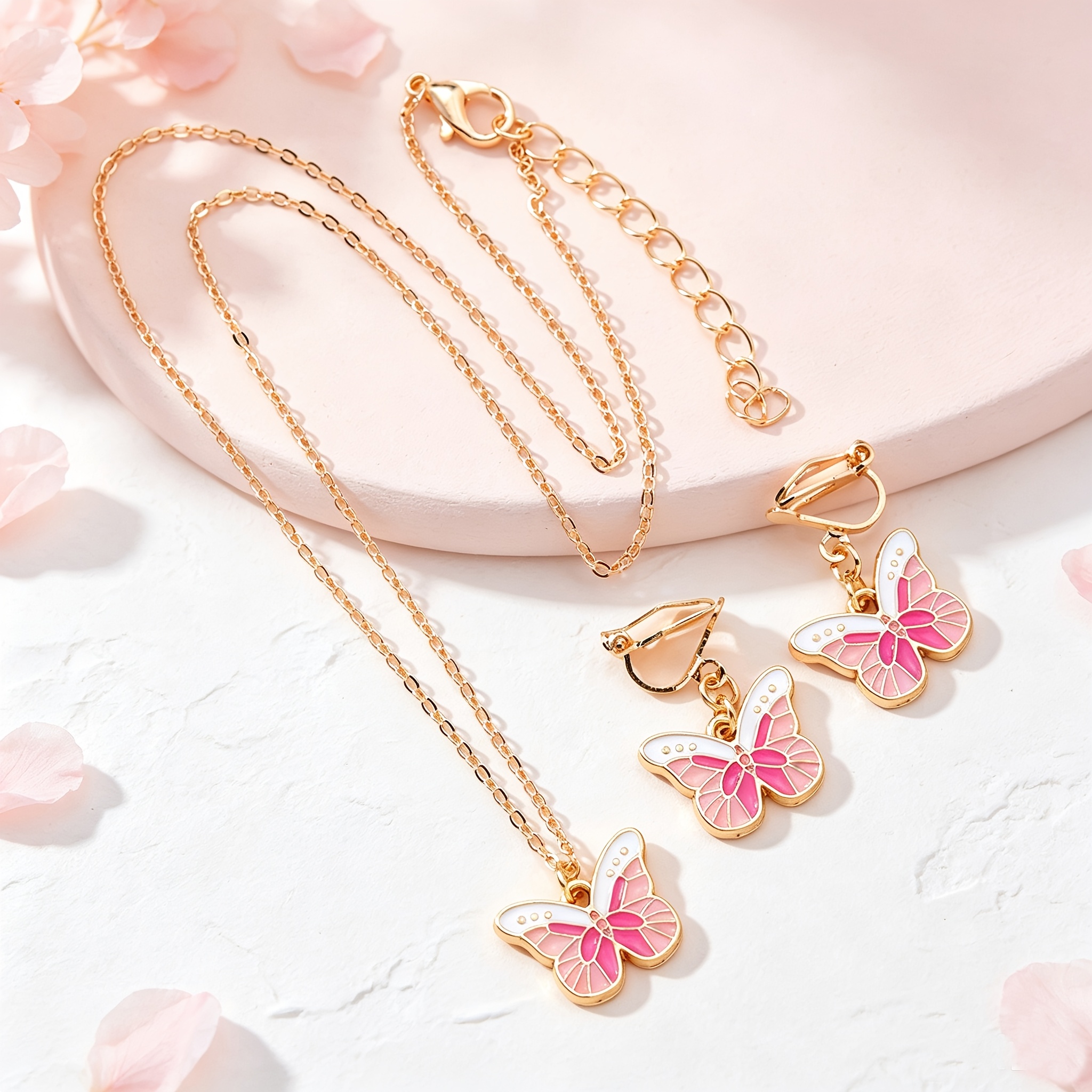 3pcs Pink White Butterfly Necklace & Ear Clip Set for Women
