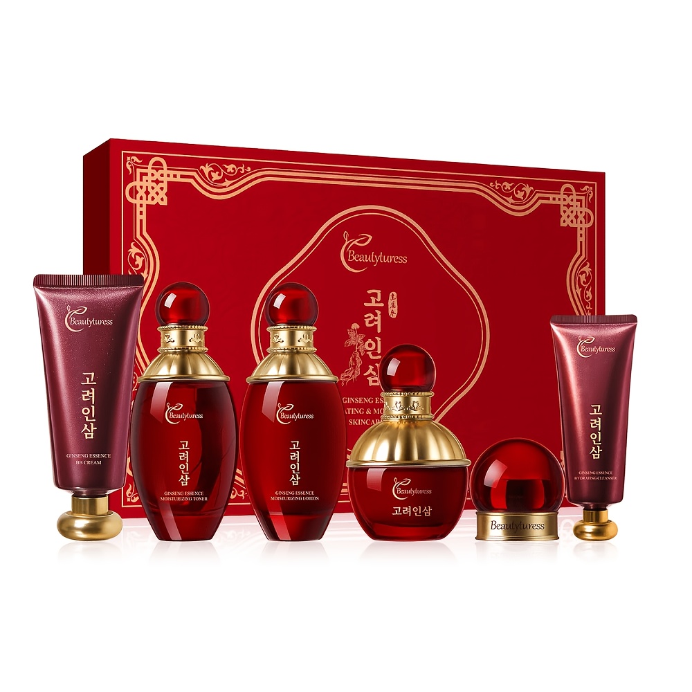 Colecție de îngrijire a pielii cu esență de ginseng coreean - Conține extracte vegetale, oferă hidratare profundă, întărește pielea, are o formulă ușoară și non-grasă, nu se aglomerează, prezentată într-o cutie cadou festivă