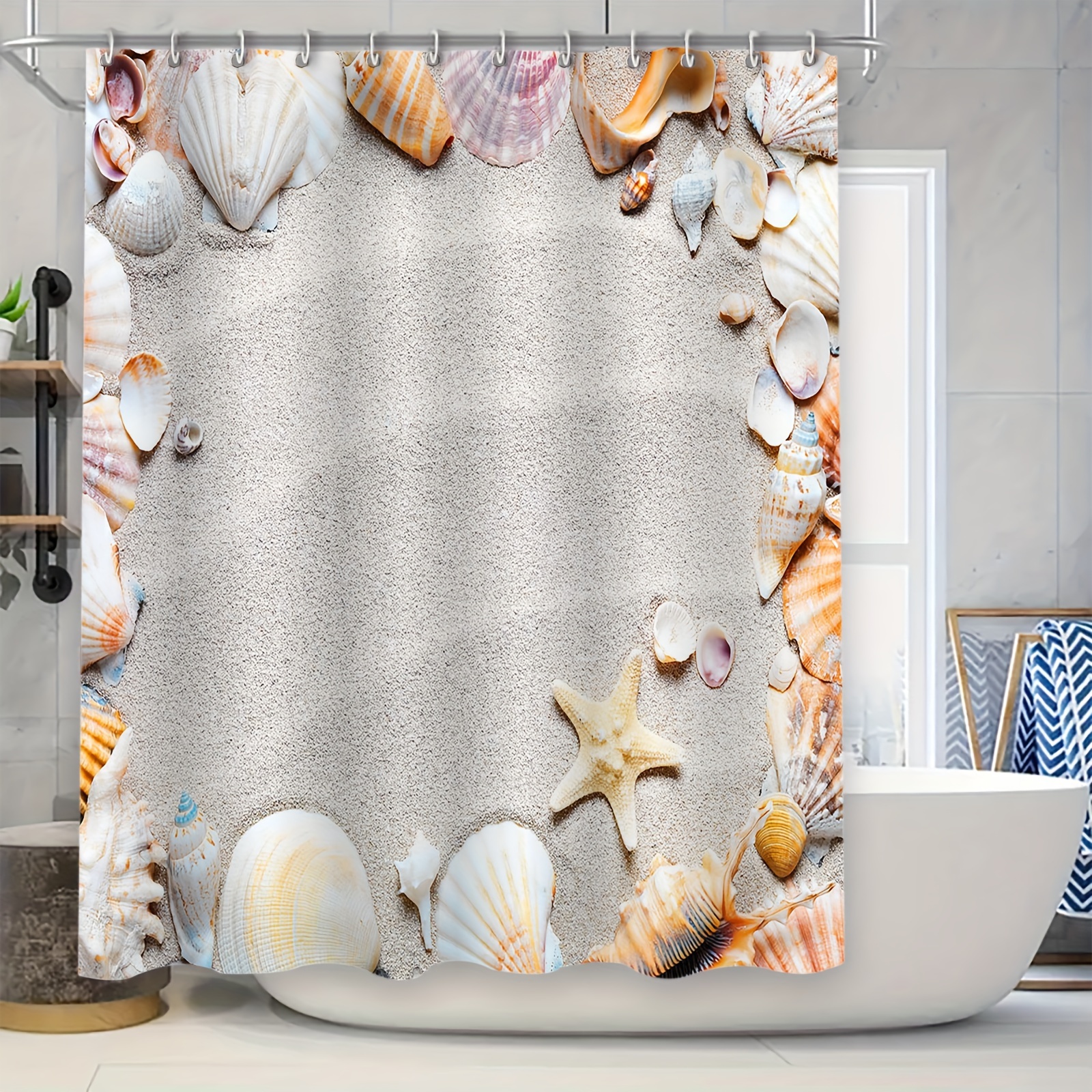 

1pc Beach Shell Shower Curtain Set With 12 Hooks, 70.8x70.8 Inches Waterproof And Mildew Resistant, Fashionable Bathroom Partition Curtain For Home Bathroom Tub Decor