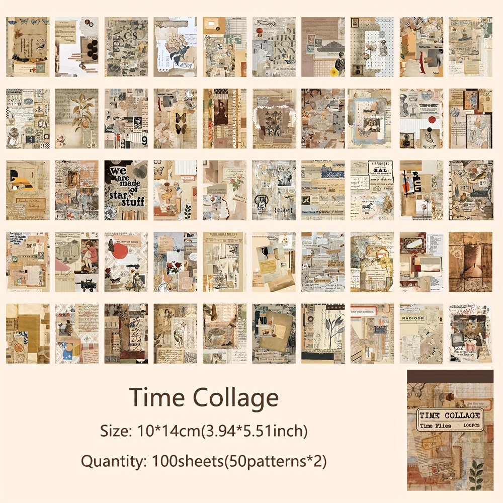 TEMU Vintage Time Collage Scrapbook Paper Pack, 100 Sheets - Glossy Finish, Recyclable Crafting Material For Diy Journaling, Aesthetic Decorative Craft Paper, Non-sticky Retro Background Supplies