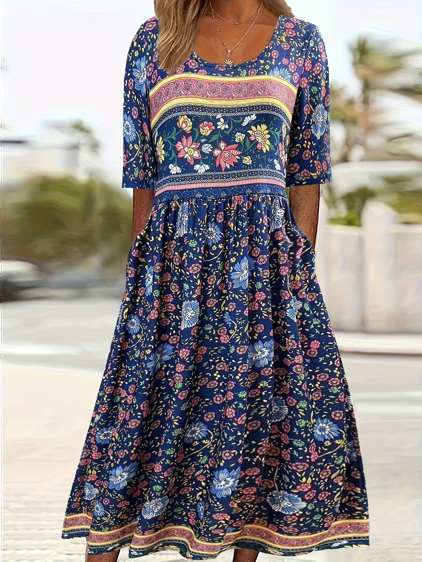 womens casual bohemian dress short sleeve round neck pocket - Temu