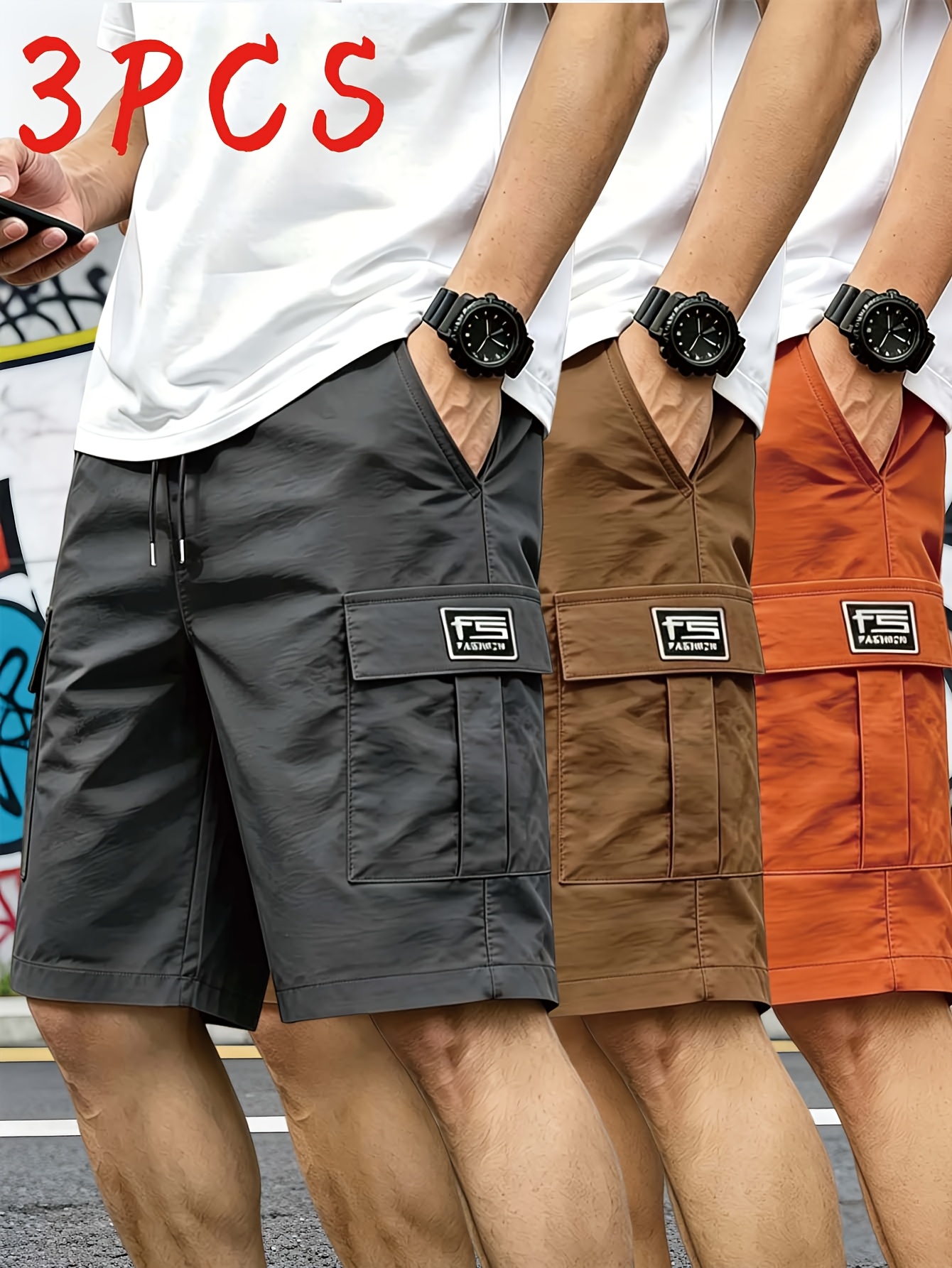 item picture 3pcs mens and unisex cargo shorts relaxed fit with drawstring waist multi functional pockets lightweight non stretch polyester fabric suitable for fitness hiking and daily wear spring summer casual shorts hand washable for men