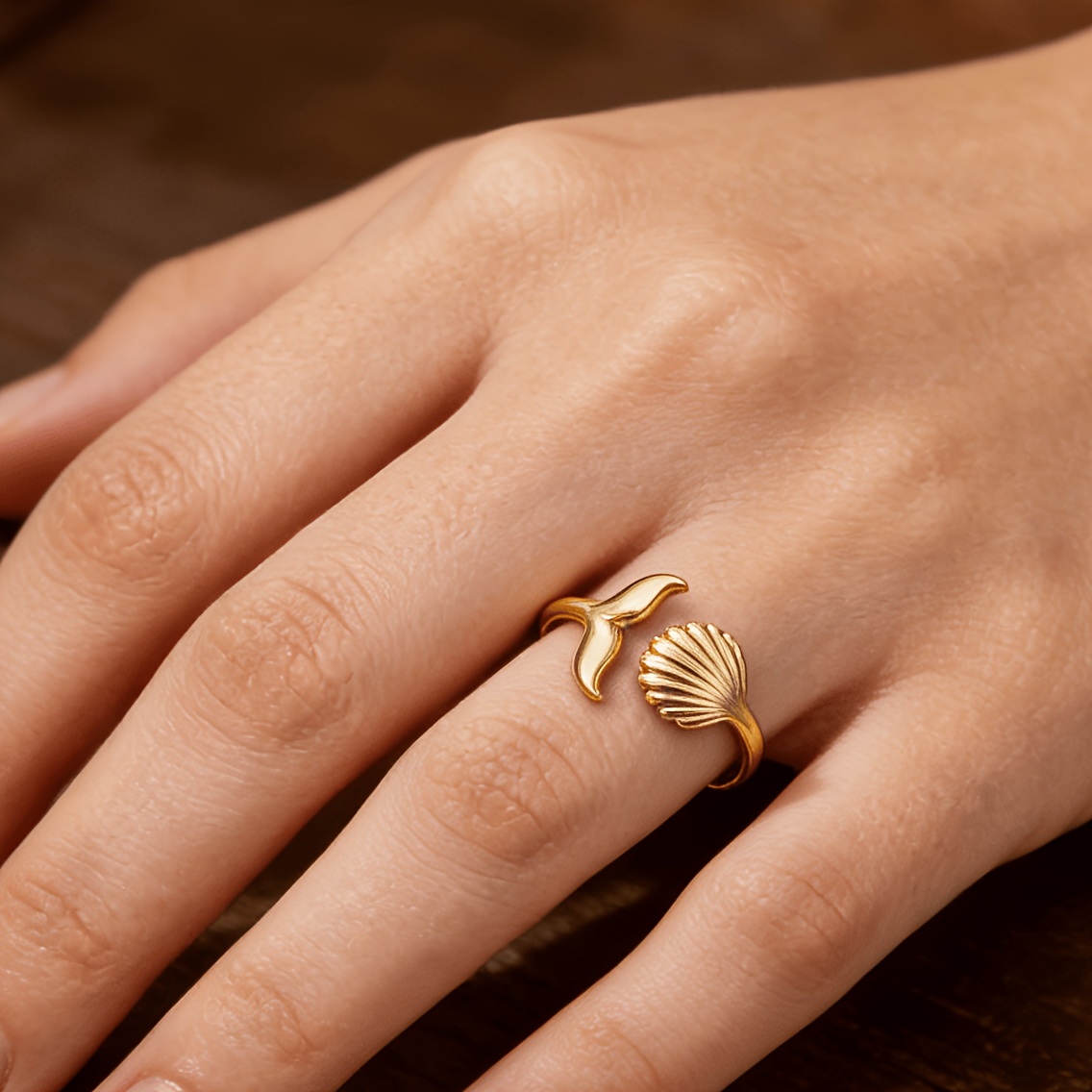 Women's Seashell & Fishtail Decorative Open Ring — Adjustable Size
