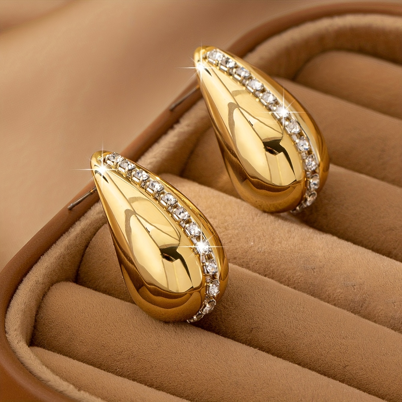 Teardrop Earrings Golden Tone Sparkling Gemstones