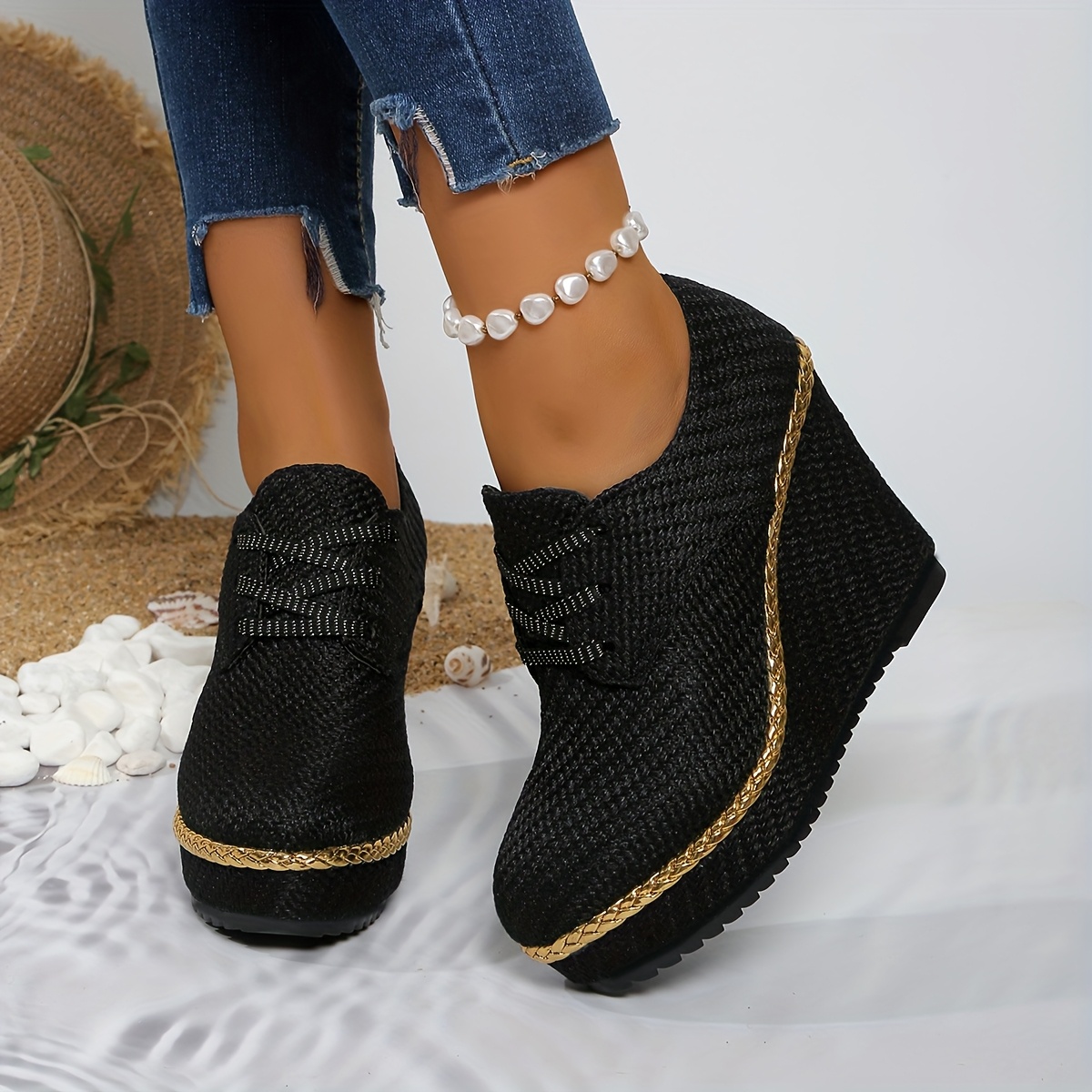 TEMU Women's Stylish Brown Braided Wedge Shoes With Golden Accents - Comfortable 10cm Platform, Lace-, Casual Footwear, Casual Footwear | Braided
