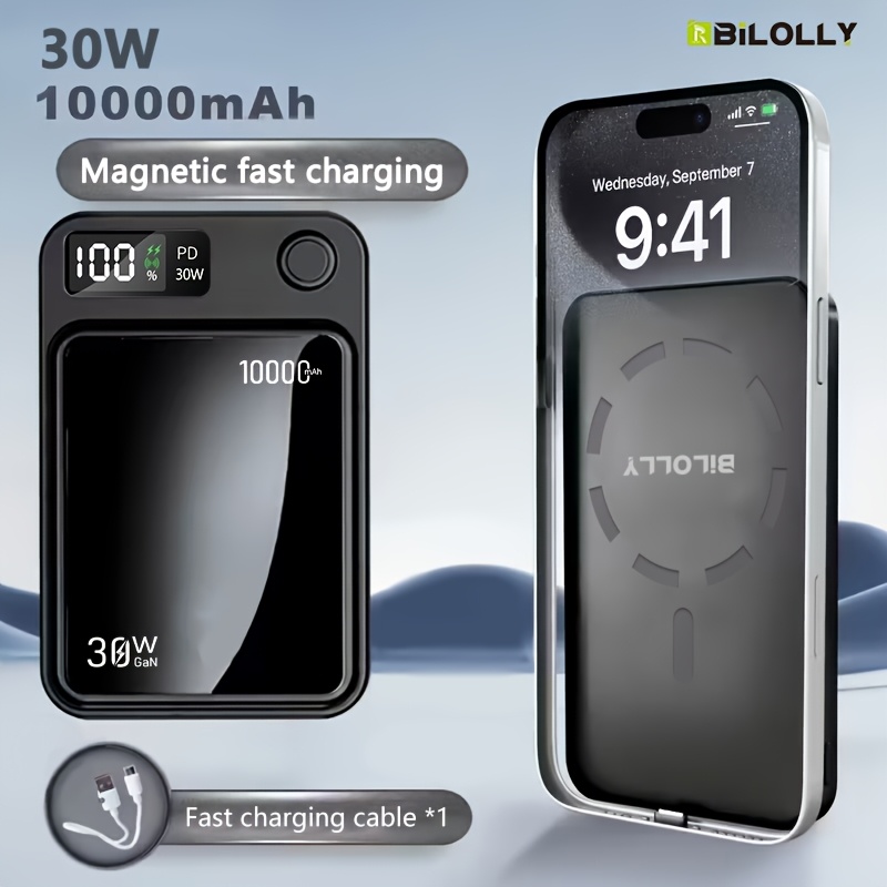 TEMU 10000mah Magnetic Wireless Charging Power Bank, 30wfast Charging, With Led Battery Display, Mini And Portable, Suitable For Iphone/ /android