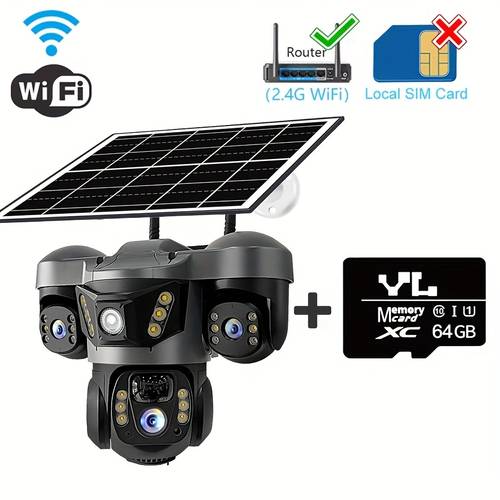 pro kamera cctv zewnętrzna z 3 obiektywami, wifi, solarna, 1080p, wodoodporna hd, noktowizja, dwukierunkowa komunikacja głosowa, śledzenie ruchu, kamera sieciowa, kamera ptz, automatyczne śledzenie, alarm i noktowizja kolorowa, obrót poziomy 355 stopni i pionowy 90 stopni, obsługa