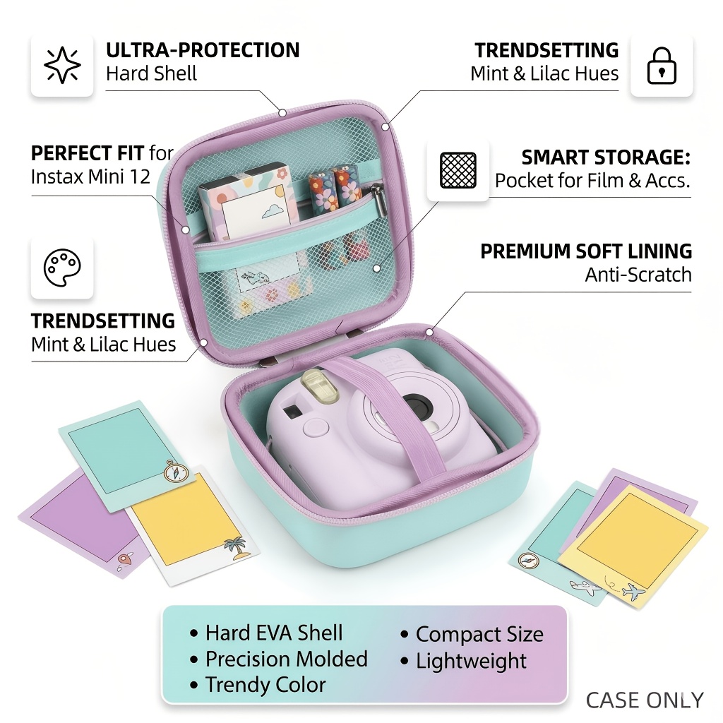 TEMU Design Camera Case With Hard Eva Shell, Camera Case Compatible With Instant Camera For Cameras, Compact Protective Storage Bag With Layered