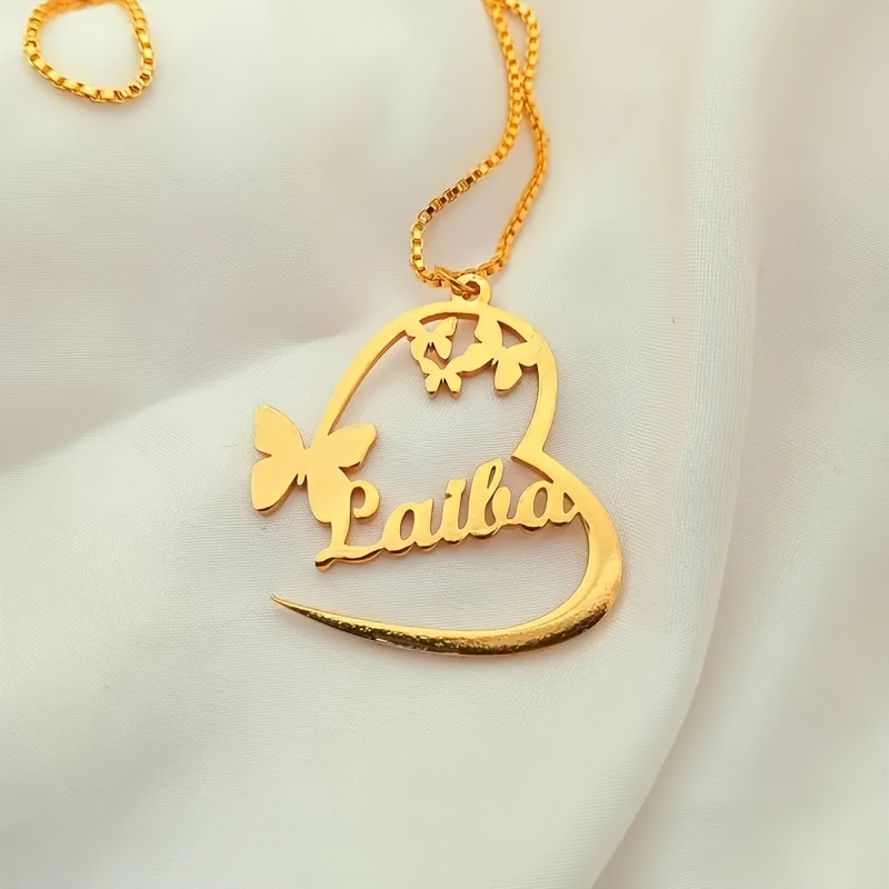 Personalized Butterfly Heart Name Necklace, 18K Gold Plated