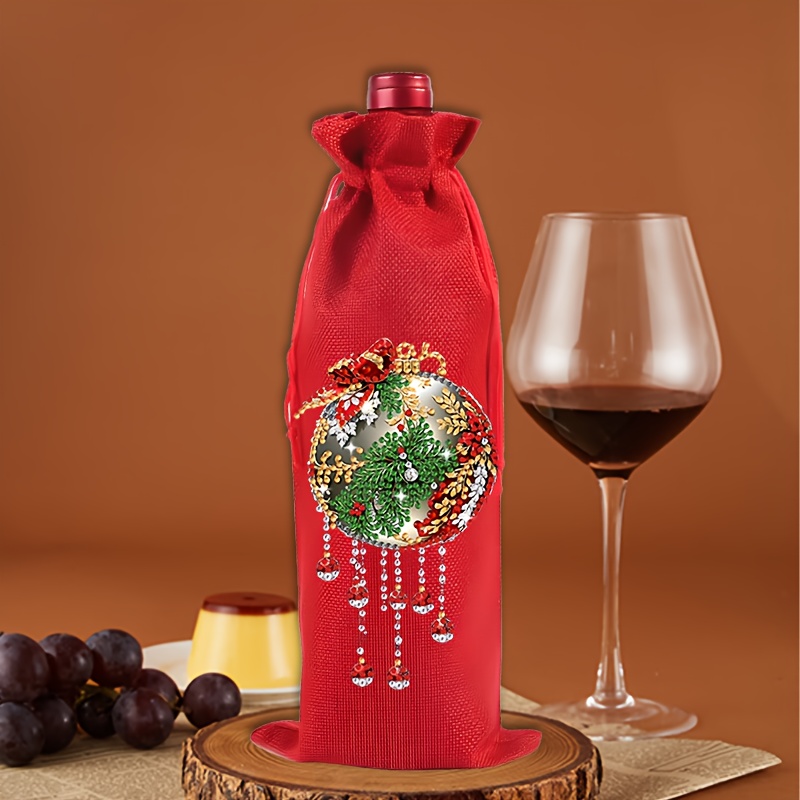TEMU 1pc Linen Material 5d Diamond Painting Wine Bag, Christmas Ornament Style, Diamond Painting Kit, Diamond Mosaic Handmade Drawstring Pouch, Diy