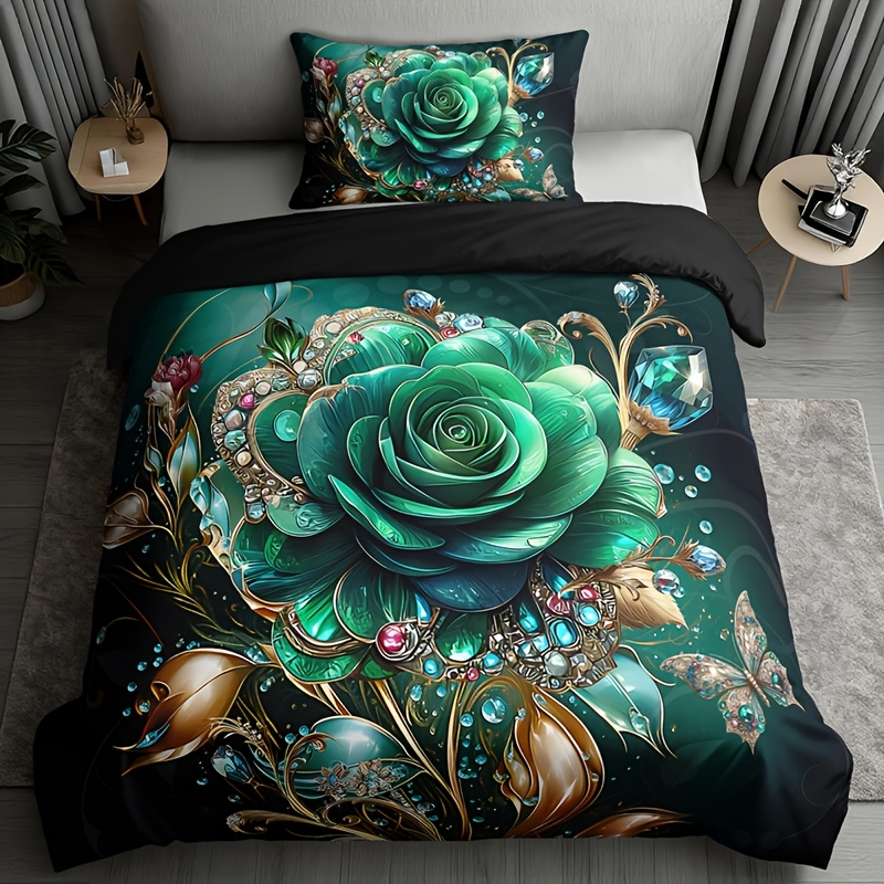 Image of 2/3pcs Jade Gemstone Rose Duvet Cover Set (1 Duvet Cover + 1/2 Pillowcases Without Pillow Insert), Home Dormitory Luxury Retro Emerald Golden Jewelry Pattern