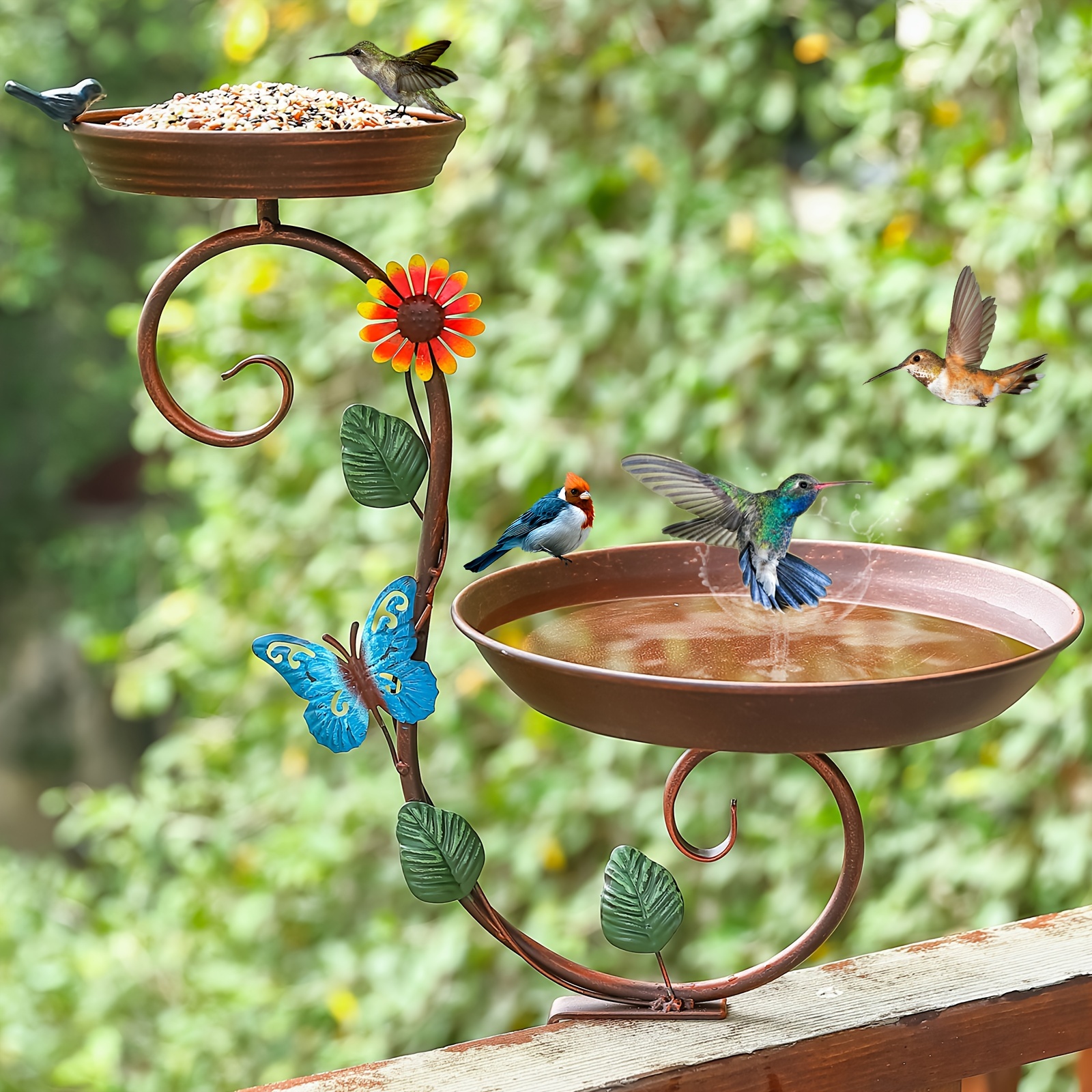 

Deck Bird Bath, Decorative Deck Mounted Bird Baths, Metal Bird Bath And Feeder For Balcony Railing, Outdoor Birdbath Feeders With Adjustable Heavy Duty Clamp For Patio Porch Garden