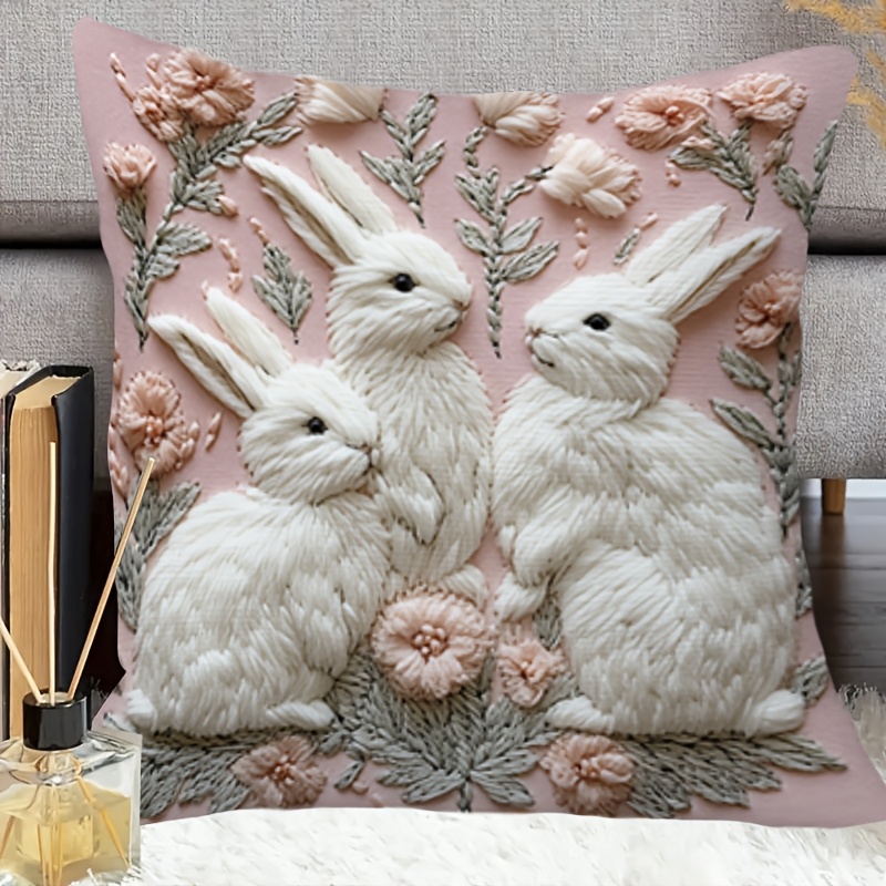 

1pc Soft & Cozy Easter Bunny 18x18" Throw Pillow Cover - Pink Floral Embroidery, Zippered Polyester Decor For Sofa & Bedroom, Ideal Holiday Gift (pillow Insert Not Included), Cute Pillows