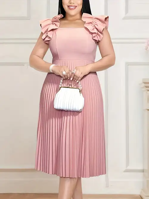 Plus Size - Plus Size - Elegant for Party Dress with Pink Square Neckline And * Sleeves for Celebrations And Weddings Plus Size - Plus Size - Elegant for Party Dress with Pink Square Neckline And * Sleeves for Celebrations And Weddings