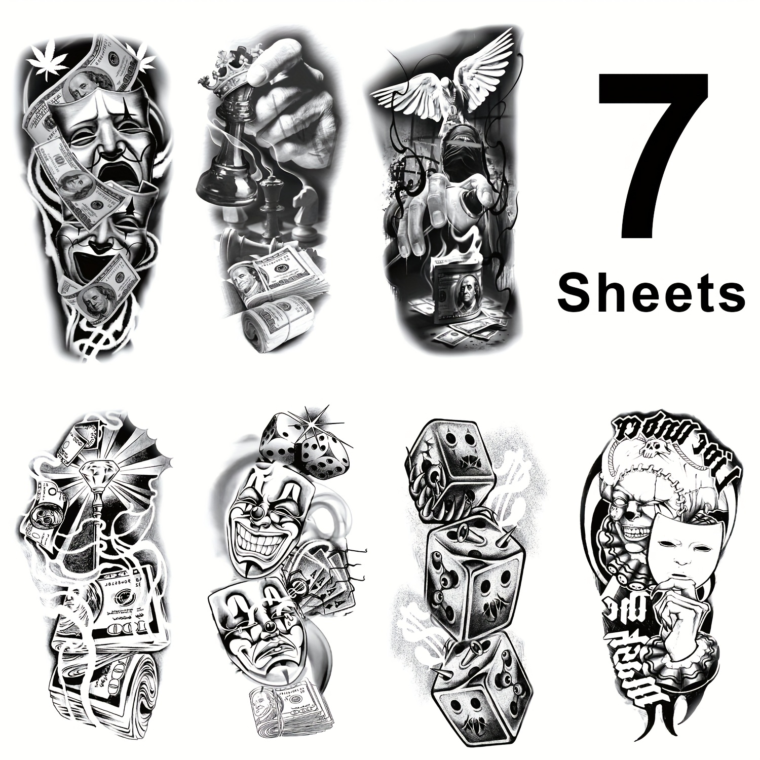 Image of 7 Chicano Tattoo Stickers For Men, Chicano Guadalupe Fake Tattoos, Lowrider Style , Waterproof Half-arm Fake Tattoos, Mexican Clown Tattoos For Men And Women, , Halloween Gifts! Rectangle
