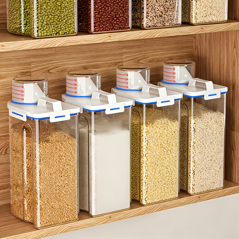 TEMU 4pcs Large-capacity Transparent Pp Plastic Food Storage Canisters With Built-in Measuring Cups & Scale , Lid Suitable For Rice, Grains, Flour,