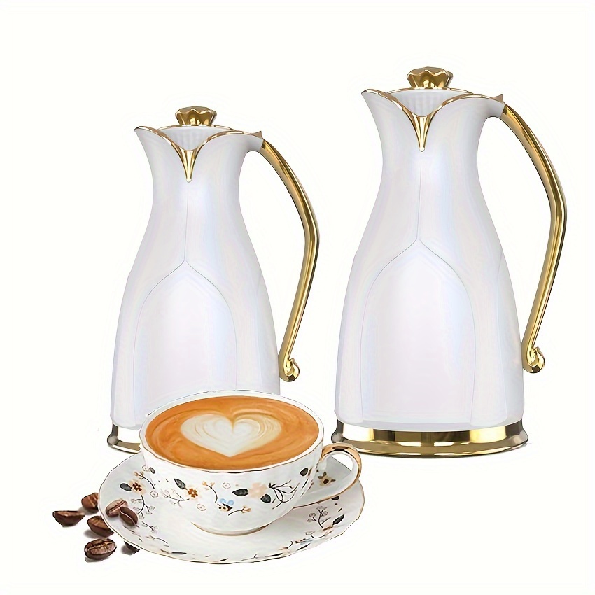 elegant double walled insulated coffee carafe with golden   white ceramic thermal   vacuum sealed for hot cold beverages ideal for tea coffee enthusiasts coffee bar accessories details 2