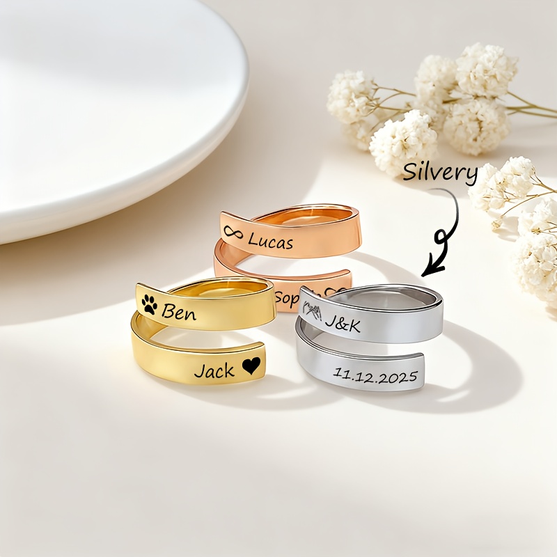 E-shop Personalisierter Edelstahl-Offenring für Damen - Individuell gravierter Name Design - Personalisiertes Design, Geschenk für Sie, Verstellbarer