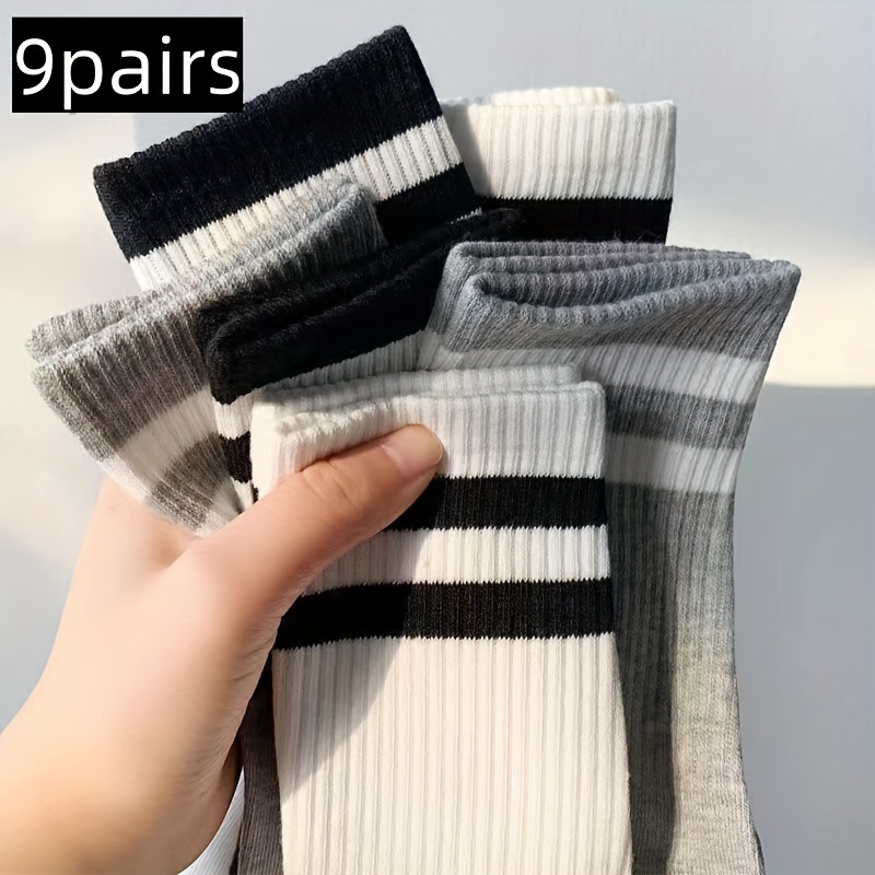 TEMU 9pcs Striped Mid-calf Socks - Breathable & Comfortable, Polyester , Machine Washable