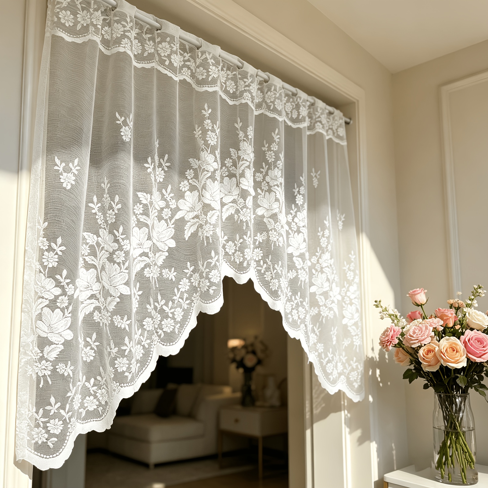 TEMU 1pc Light Filtering Window Curtain, Coffee Curtain, Aesthetic Decorative Craft, Easy And Grand, Used For Bedroom/study/living Room/dining Room