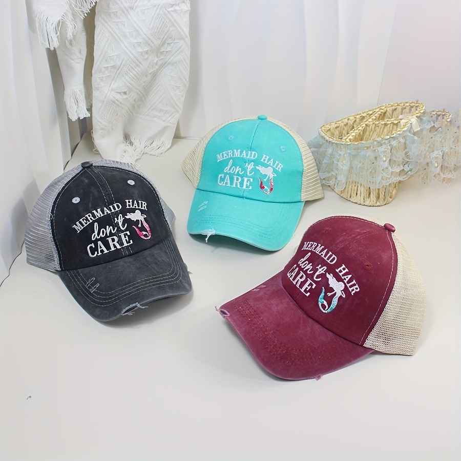 

Distressed Washed "mermaid Hair Don't Care" Embroidered Letter Baseball Cap, Sun Protection Casual Mesh Trucker Hats, Trendy Street Wear