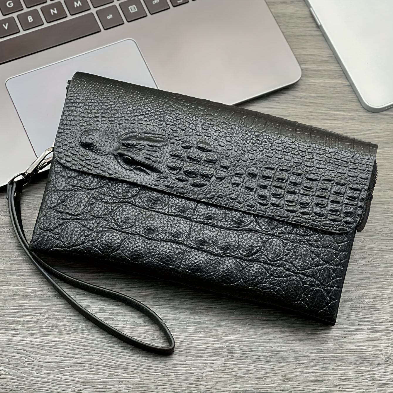 Image of Kaiduch Premium -embossed Pu Clutch - Men's Executive Hand Bag With Metal Alligator Clip & Dual Carry Wrist Strap+back Slot, Business Gift