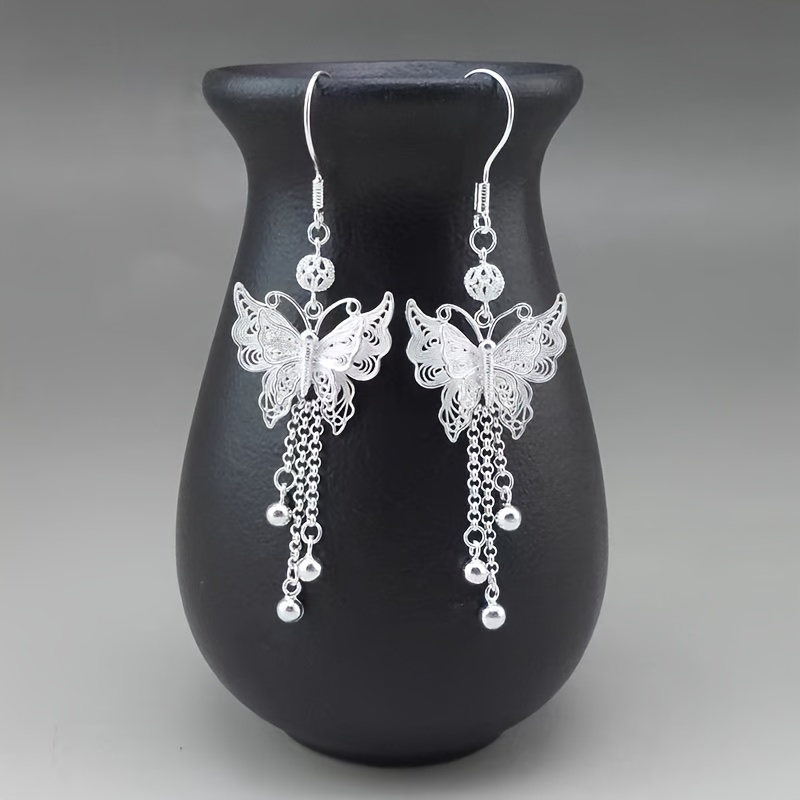 TEMU S925 Sterling Silver Tassel Earrings - Vintage Hollow Intricate Floral Pattern, Lightweight And Jewelry, Use And Holidays, An Gift Option