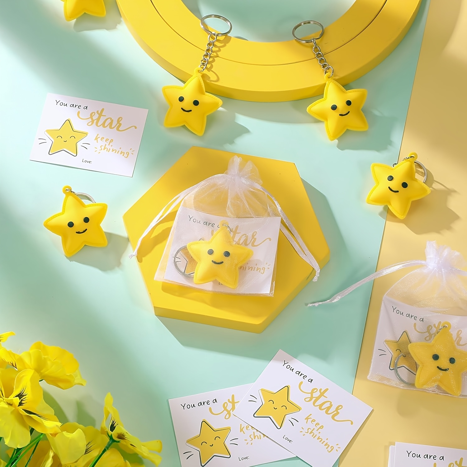 gift for her him 30pcs cute star keychains with inspirational   and clear organza bags thank you gift for rewards parties suitable for gifting   team rewards 10 sets