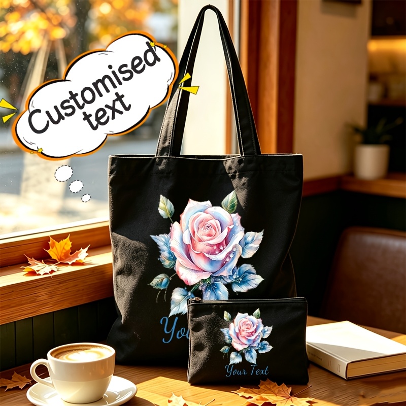 Personalized Custom Text Watercolor Rose Tote Bag, Large Capacity