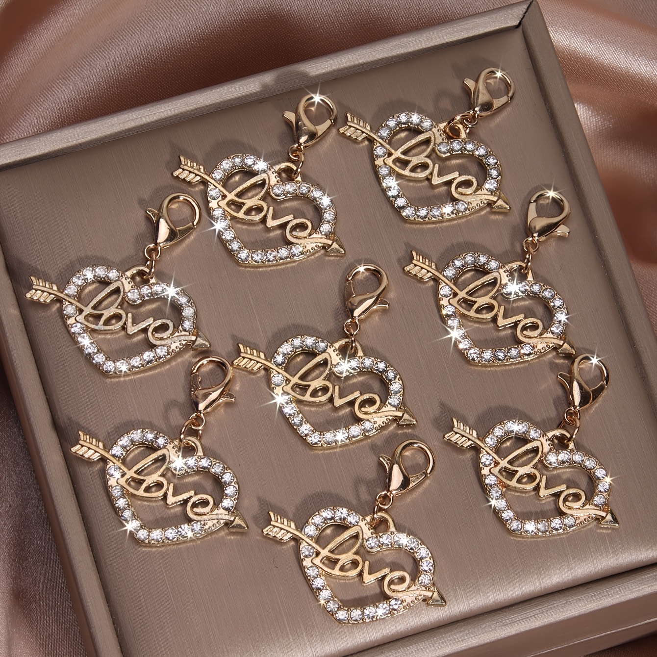 TEMU 8pcs Elegant Diamond Love Heart Cute Casual Alloy Diamond Jewelry, Suitable For Parties And Halloween Additions Teacher's Day Pendant Id Card