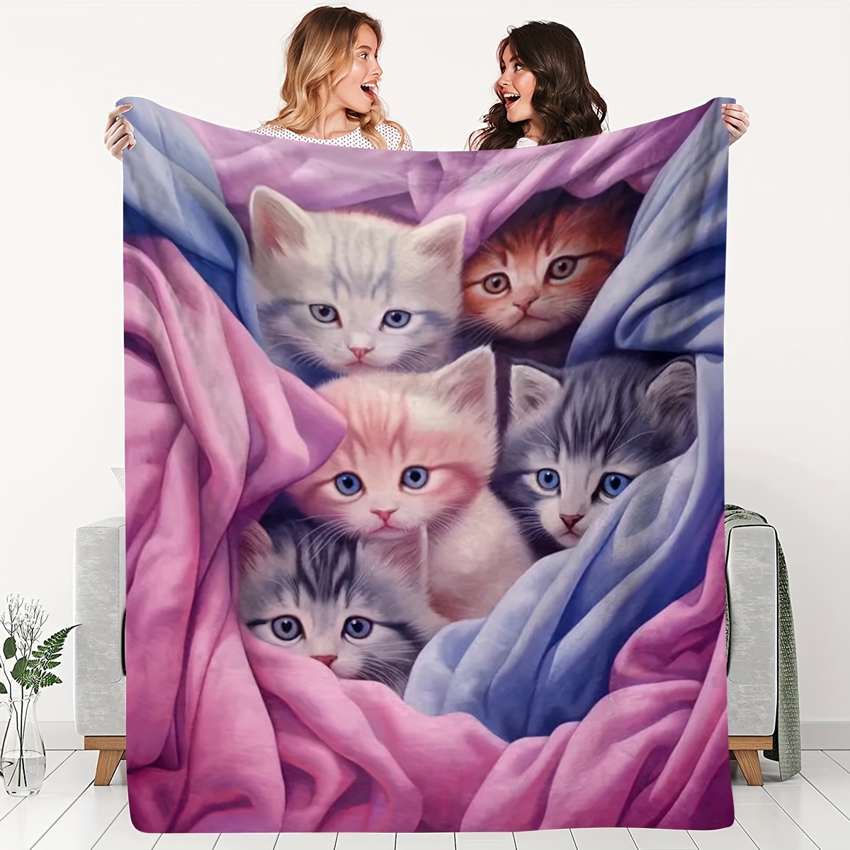 

1pc, Charming Kittens Pattern Throw Blanket, Soft Fleece Blanket, Pet Cat Design, Cozy Flannel Blanket For Home Decor