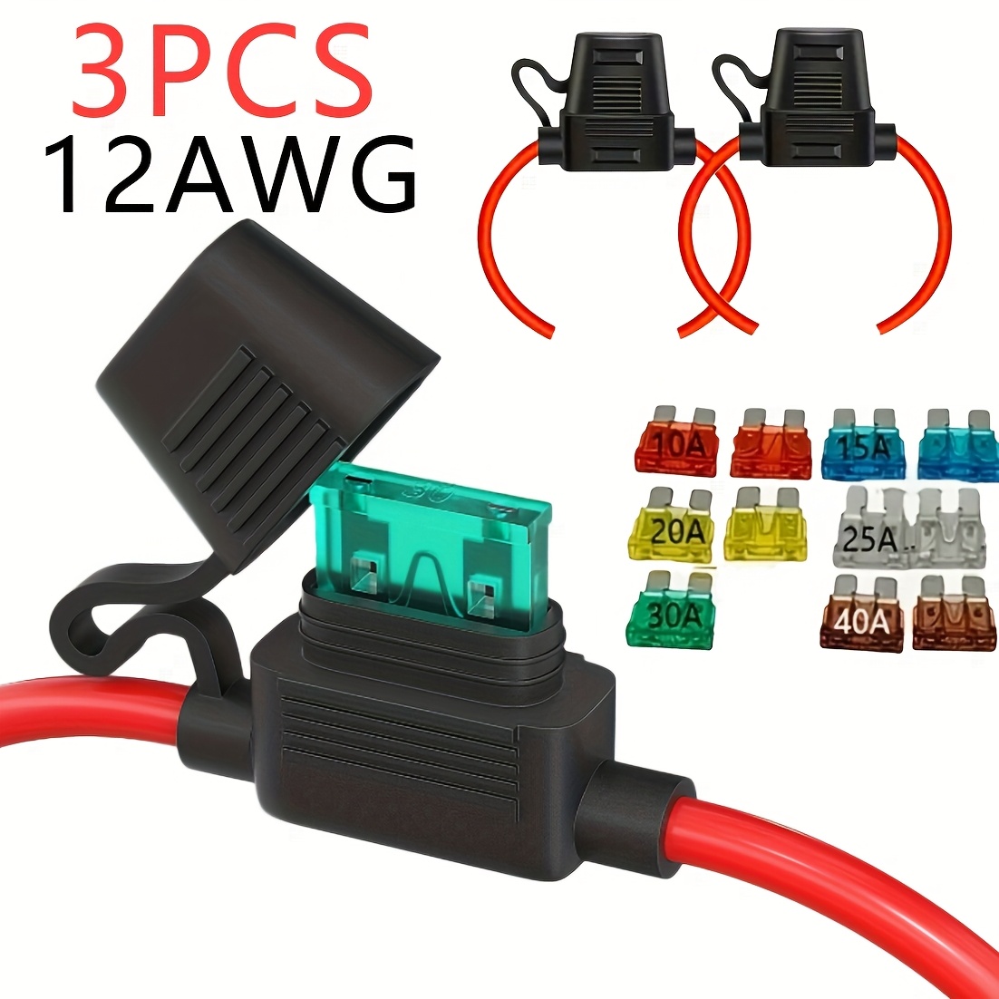 TEMU 3pcs 12awg Inline Fuse Holders For 12v Atc/ato Blades - Includes 10a, 15a, 20a, 25a, 30a, 40a Fuses - Durable Copper Construction, Ideal For