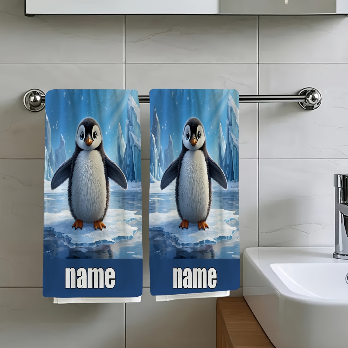 TEMU 2pcs, A Cute Penguin Standing On An Surrounded By Snow-capped Mountains, Travel , Customizable Text Towel, Name Customization Towel, Cartoon