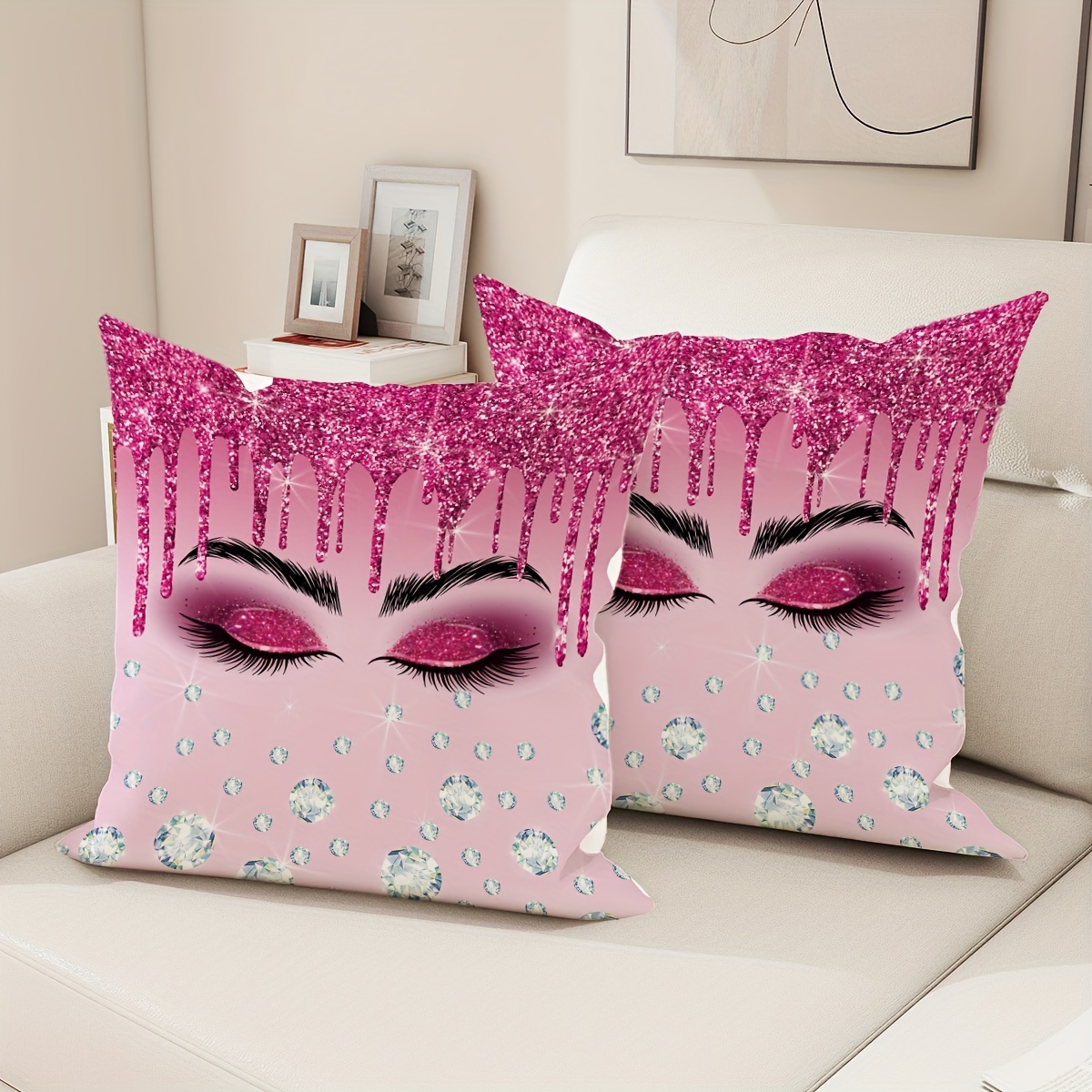 TEMU 2pcs Velvet Throw Pillow Covers Aesthetic Girl Trendy Shiny Abstract Eyelash Diamond Pink Purple Pillow Covers 18*18 Inch Suitable For Living Room Bedroom Sofa Bed Decoration