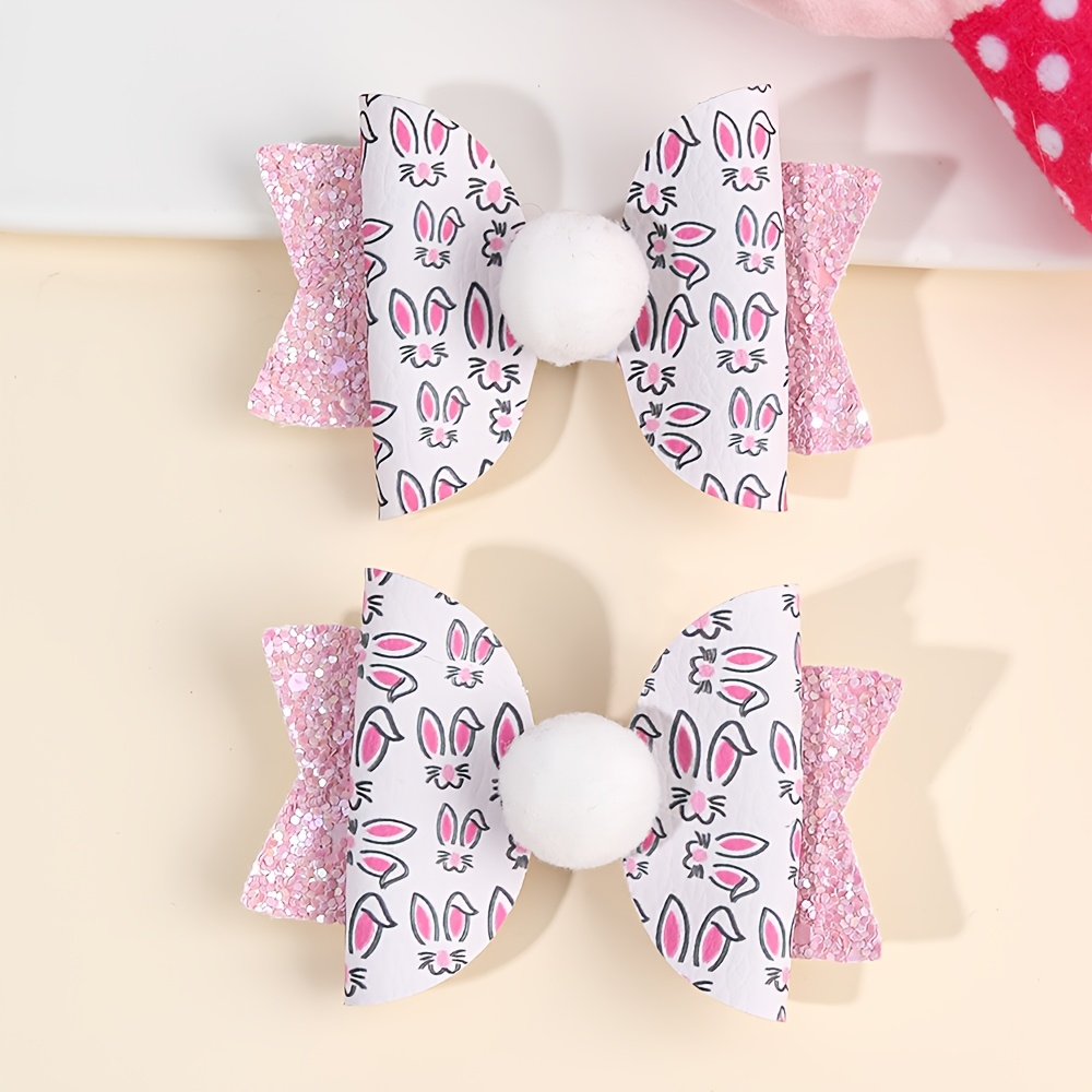 

2pcs Sparkly Easter Bunny Bow Hair Clips For Girls - Cute Polyester Accessories With Glittery Accents, Parties, Celebrations & Casual Attire, Rabbit Accessories