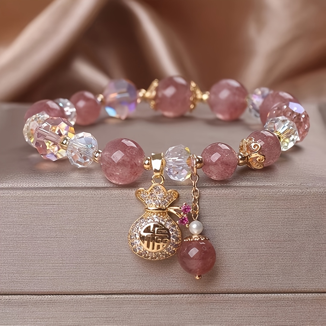 TEMU Strawberry Quartz Bag Bracelet For Women, Court-style Fortune Pendant With Pink Crystal String, Attracts Love, And , Niche Design, Best Friend